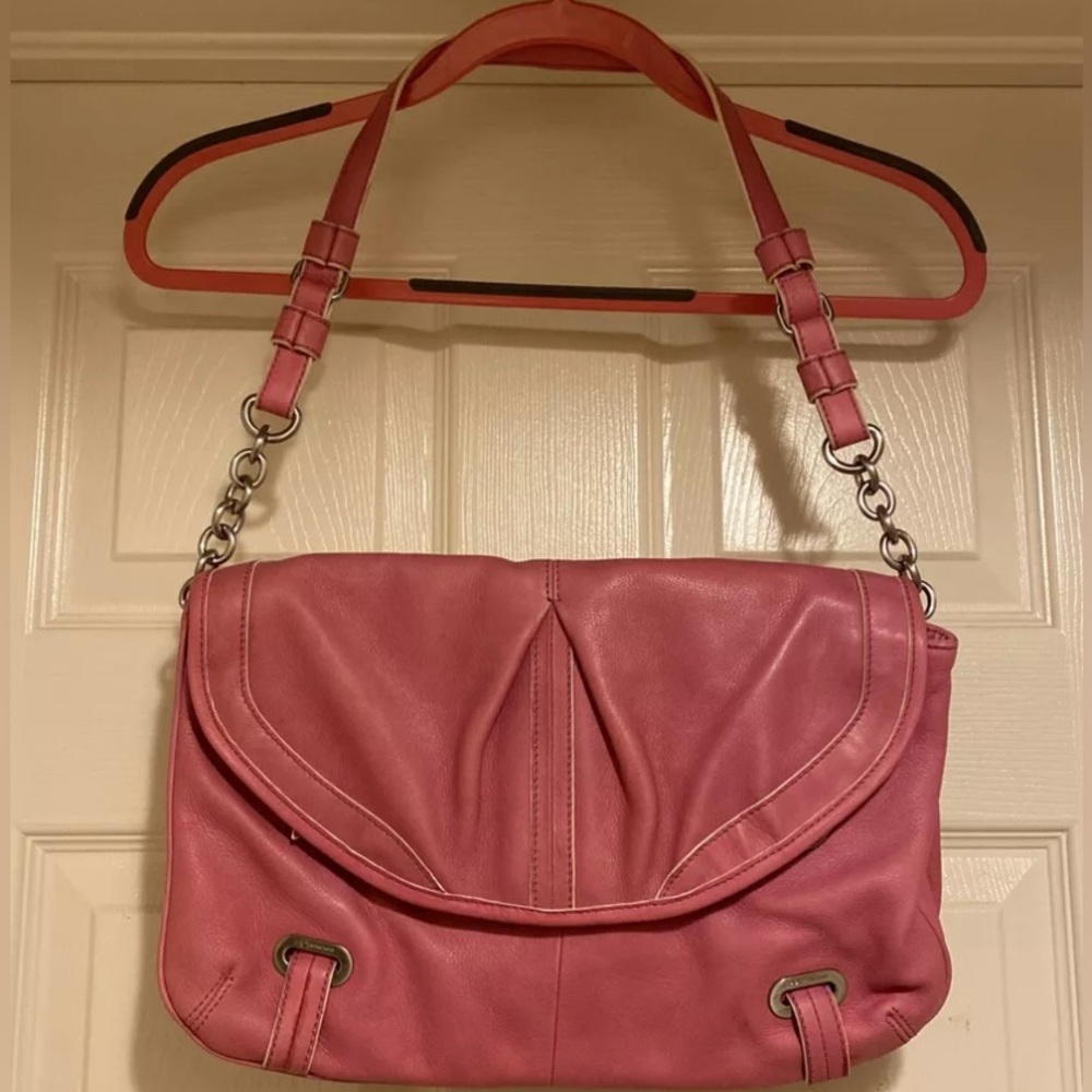 B Makowsky Pink Soft Leather Shoulder Bag Purse with Leopard Print Lining